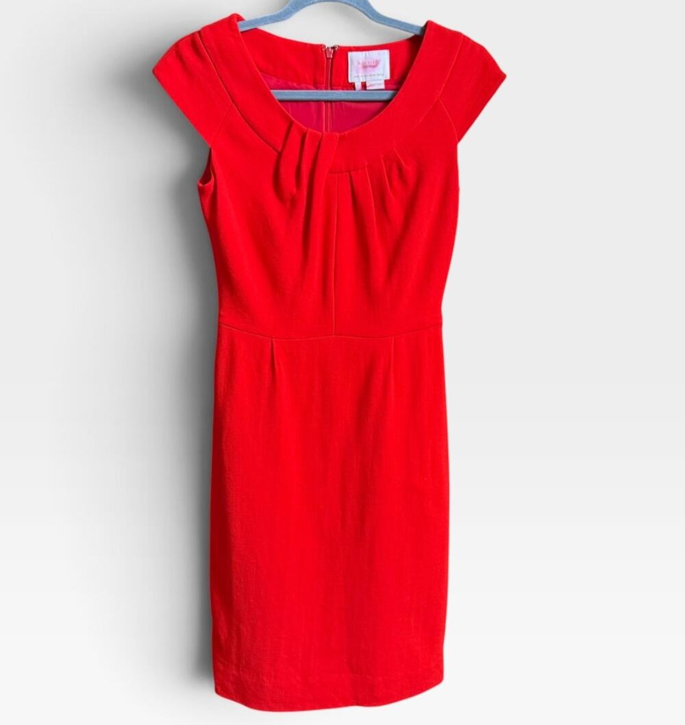 Kate Spade New York Dress 2 Red Wool Blend Pleated Neck Cap Sleeve Sheath